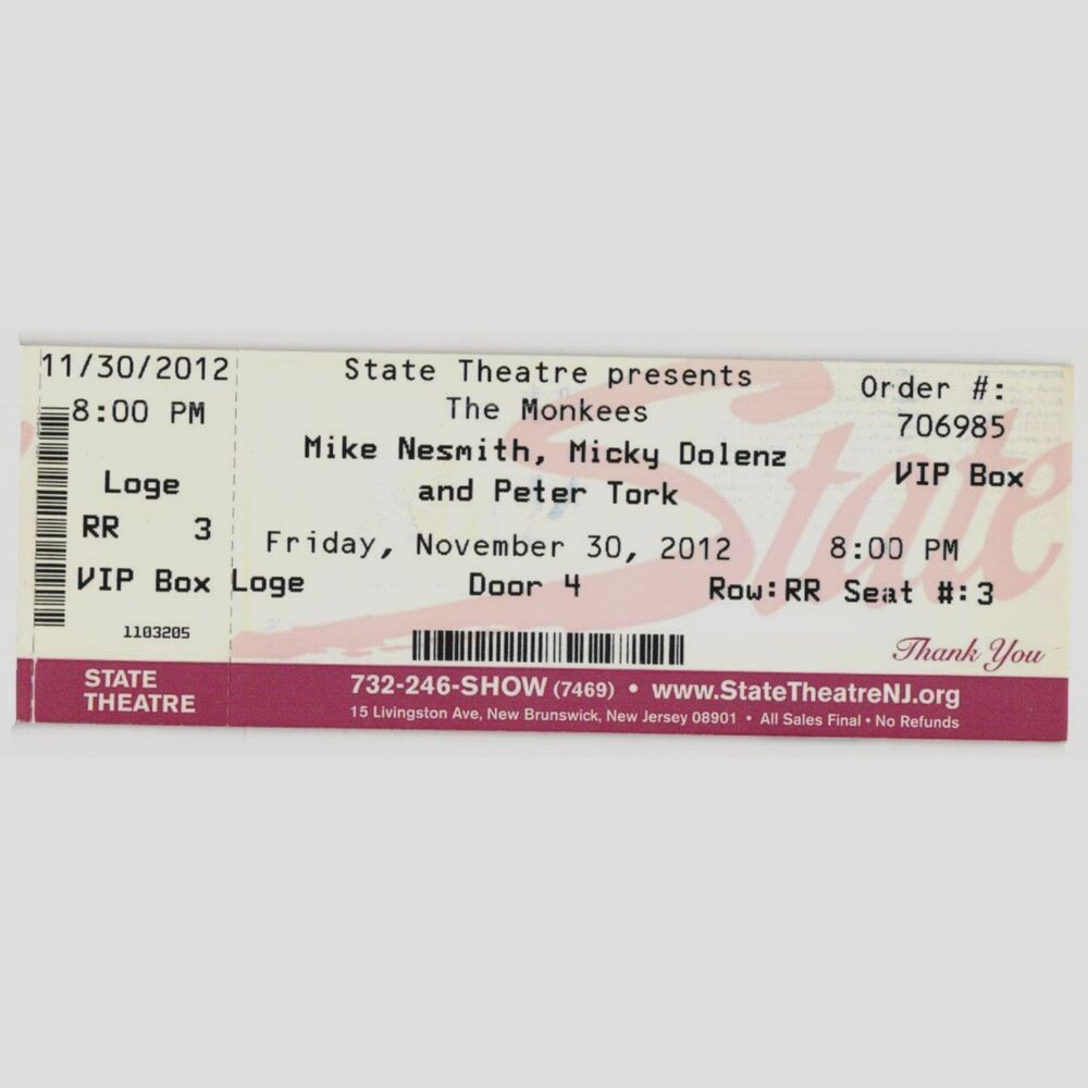 2012 Monkees Concert Ticket Stub New Brunswick NJ